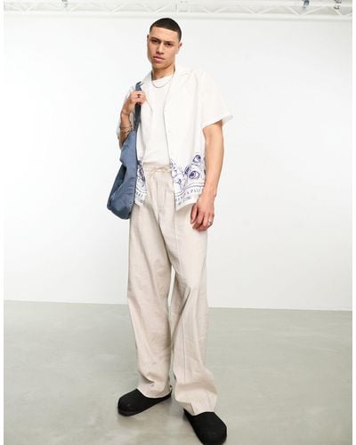 ASOS Relaxed Deep Revere Linen Mix Shirt With Mushroom Border Print - White