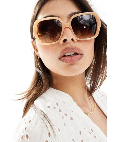 Pieces Square Beige Frame Sunglasses With Tortoiseshell Arm Detail - Brown