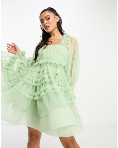 LACE & BEADS Exclusivité - robe babydoll courte à manches longues - sauge - Vert