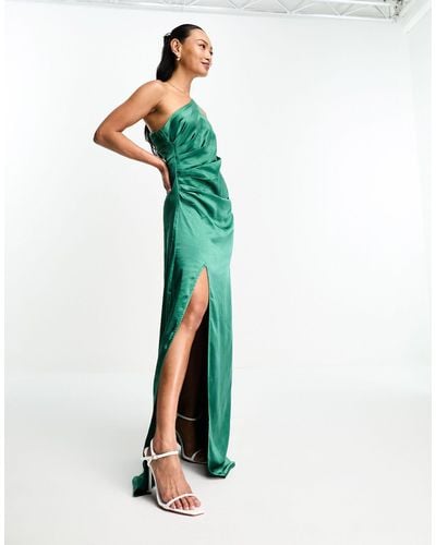 Pretty Lavish Amelia Ruched One Shoulder Satin Maxi Dress - Green