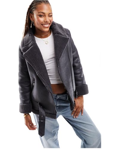 ONLY Faux Leather Aviator Jacket - Grey