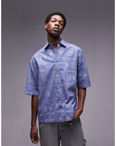 TOPMAN Short Sleeve All-over Embroidered Relaxed Western Shirt - Purple