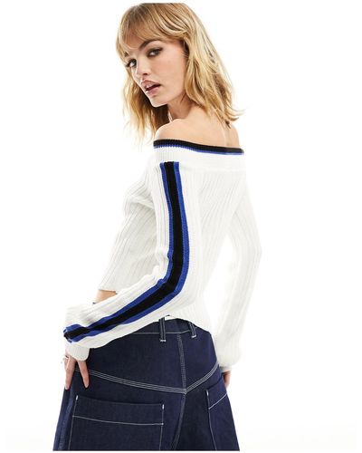 Reclaimed (vintage) Off Shoulder Knitted Top With Asymmetric Hem With Blue Sporty Stripe Detail - White