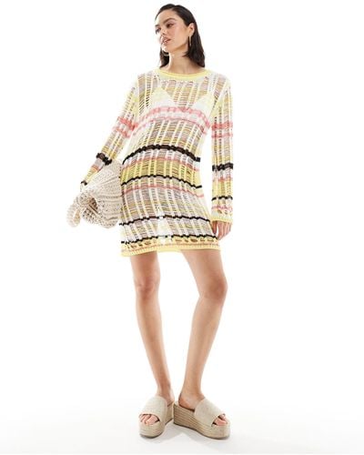 ASOS Knitted Open Stitch Long Sleeve Mini Dress - White