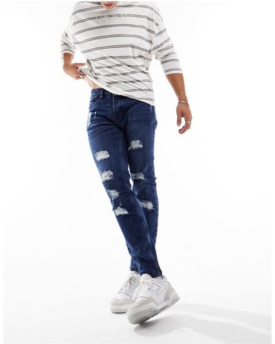 Brave Soul Jeans skinny medio con strappi multipli - Blu