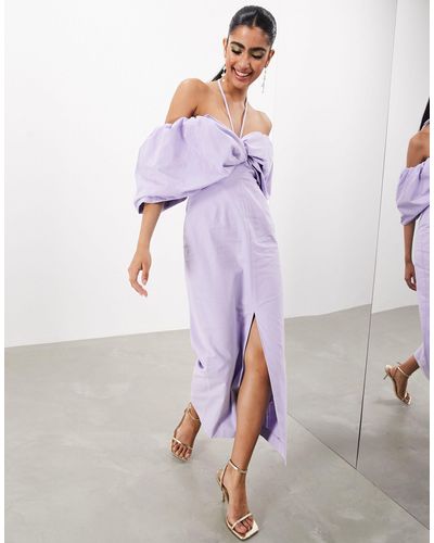 ASOS Bardot Bow Tie Neck Detail Midi Dress - Purple