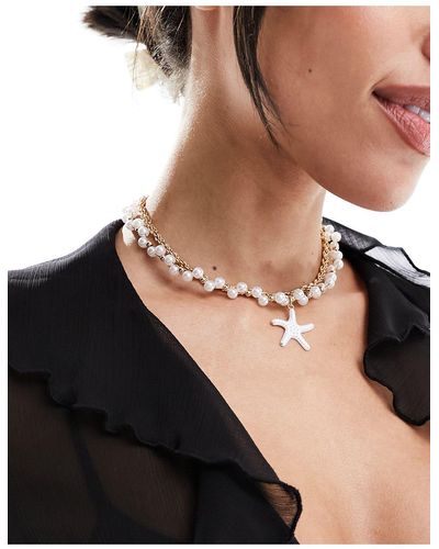 South Beach Double Layer Starfish Pendant Beaded Necklace - Black
