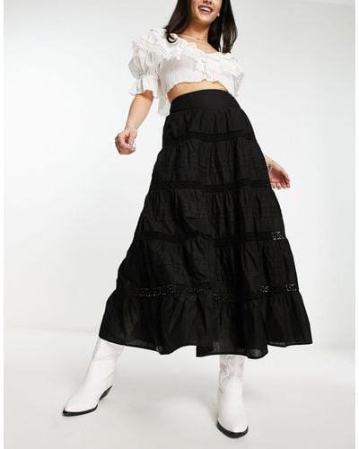 Miss Selfridge Boho Cotton Lace Insert Tiered Maxi Skirt - Black