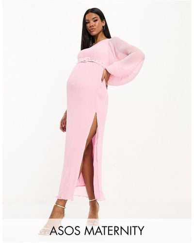 ASOS Asos Design Maternity Plisse One Shoulder Midi Dress With Belt - Pink