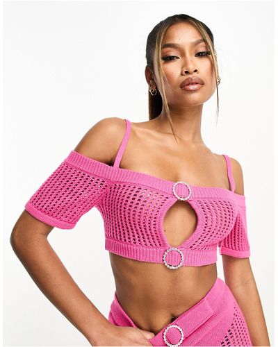AsYou Knitted Off The Shoulder Crochet Bralet Co-ord With Diamante Trim - Pink