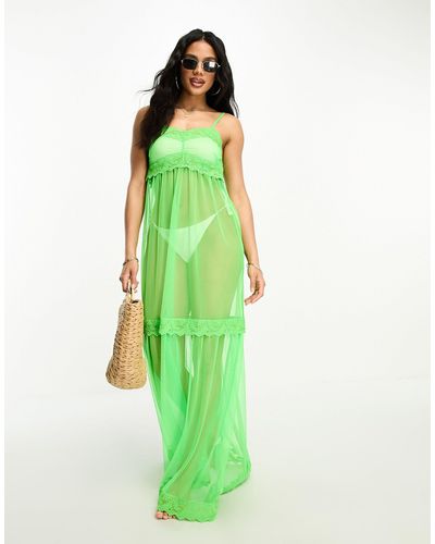 ASOS Sheer Maxi Beach Dress With Lace Detail - Green