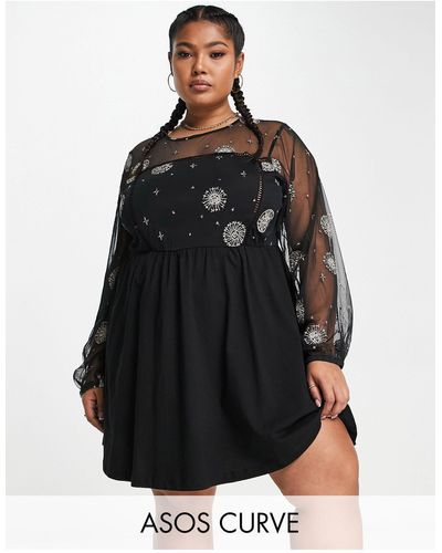 ASOS Asos Design Curve Long Sleeve Mesh Mini Dress With Ladder Trim And Celestial Embroidery - Black