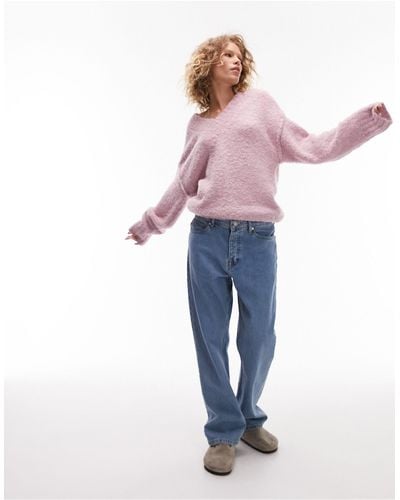 TOPSHOP Knitted Longline V Neck Boucle Jumper - Pink