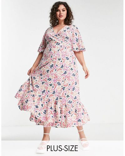 Yours Midi-jurk Met Overslag, Gelaagde Zoom En Fijne Bloemenprint - Roze