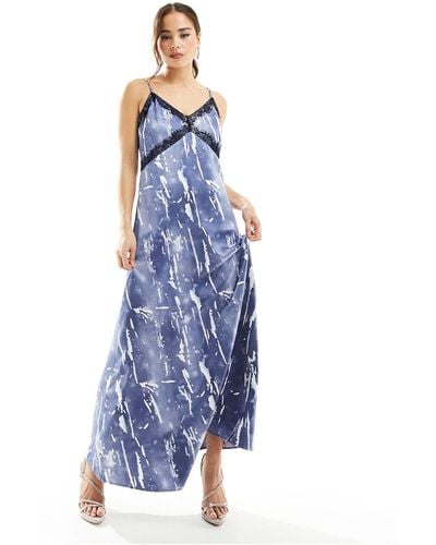 Vero Moda Satin Maxi Slip Dress With Lace Trim - Blue