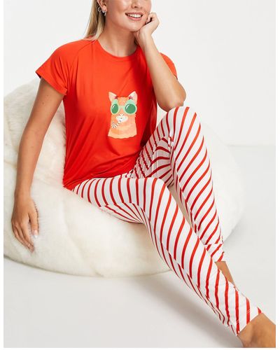 Loungeable Pijama a rayas blancas y rojas con estampado "candy cat" para navidad - Rojo