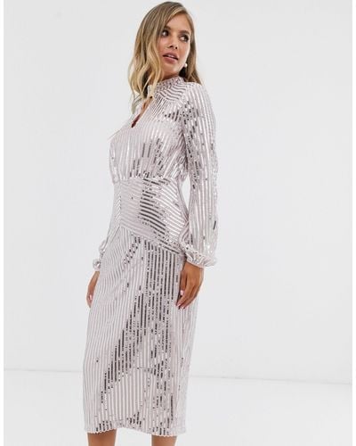 Lipsy Long Sleeve Sequin Midi Dress - Metallic