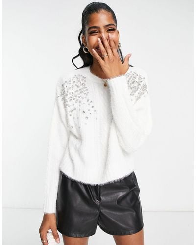 Miss Selfridge Diamante Shoulder Fluffy Cable Knit Sweater - White