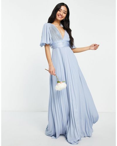ASOS Bridesmaid Pleated Flutter Sleeve Maxi Dress With Satin Wrap Waist - Blue