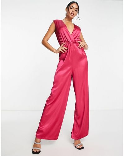 Aria Cove Satin Plunge Front Wide Leg Jumpsuit - Red