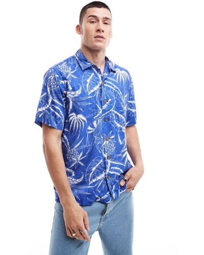 Polo Ralph Lauren Short Sleeve Revere Collar Ocean Breeze Floral Print Rayon Shirt Classic Oversized Fit - Blue
