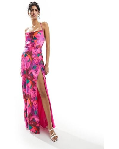 Hope & Ivy Satin Cami Maxi Dress With Thigh Spit - Pink