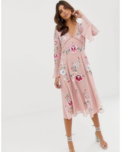 ASOS Embroidered Midi Dress With Lace Trims - Pink