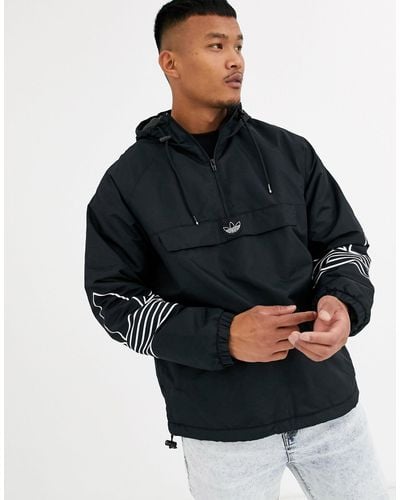 adidas Originals Fleece Lined Overhead Jacket With Arm Trefoil Print - Black