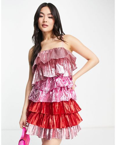 Collective The Label Esclusiva - vestito corto a balze rosa e rosso metallizzato