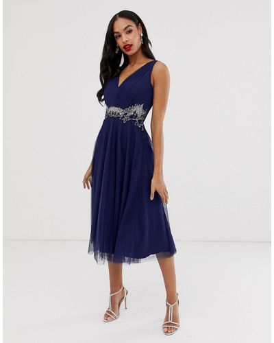 Little Mistress V Neck Tulle Skirt Midi Dress With Embellished Detail - Blue