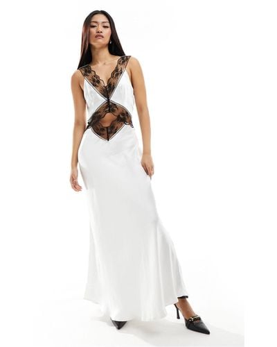 4th & Reckless Cut Out Contrast Lace Trim Satin Maxi Dress - White