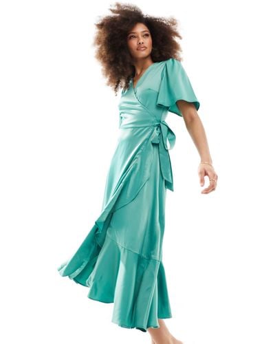 Y.A.S Bridesmaid Satin Wrap Midi Dress - Green