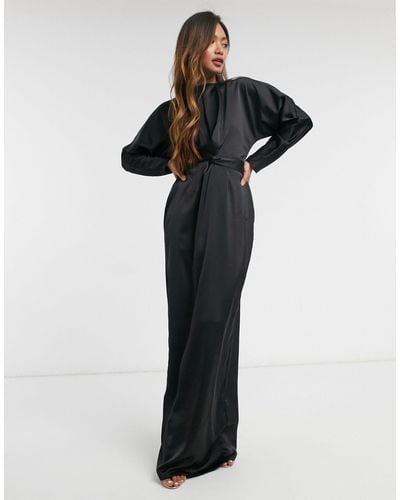 ASOS Satin Maxi Dress With Batwing Sleeve And Wrap Waist - Black