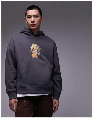 TOPMAN Oversized Hoodie With Angel Chest Print - Grey