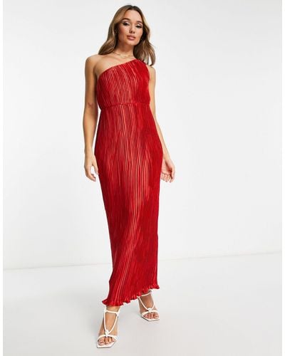 ASOS Satin One Shoulder Pleat Detail Midaxi Dress - Red