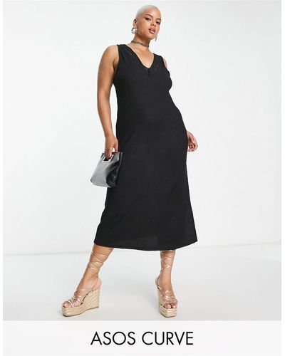 ASOS Asos Design Curve Textured V Neck Midi Dress With Crochet Detail - Black