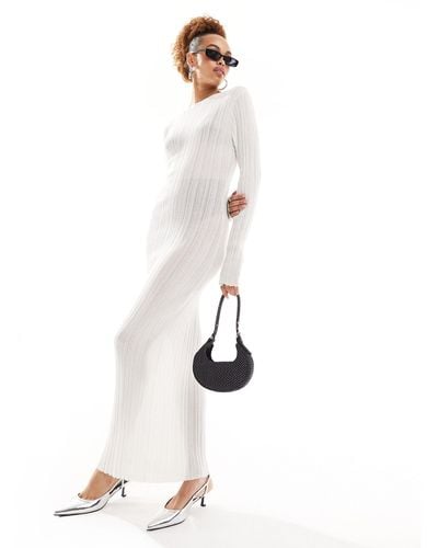 Lioness Sheer Knitted Flared Sleeve Maxi Dress - White