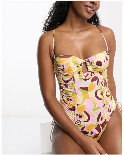 River Island Printed Ruched Balconette Swimsuit - Multicolour