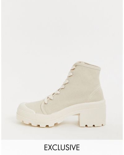 Pull&Bear Canvas Lace Front Heeled Boots - Natural