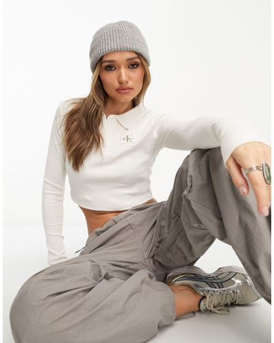 Calvin Klein Crop top a maniche lunghe con colletto - Bianco