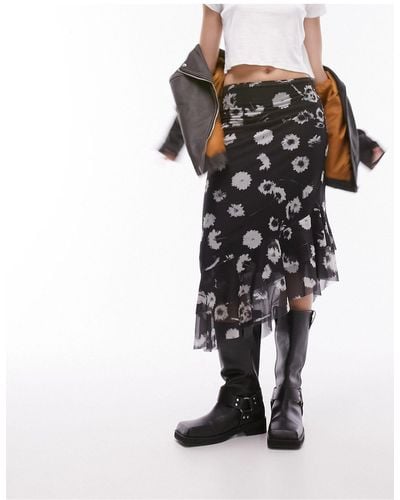 TOPSHOP Midi Mesh Skirt With Ruffle - Black