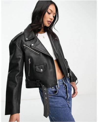 ASOS Textured Premium Real Leather Biker Jacket - Blue