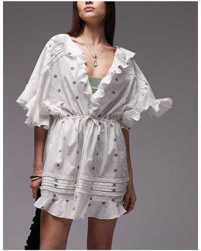 TOPSHOP Embroidered Floral Print Textured Beach Cover Up - Black