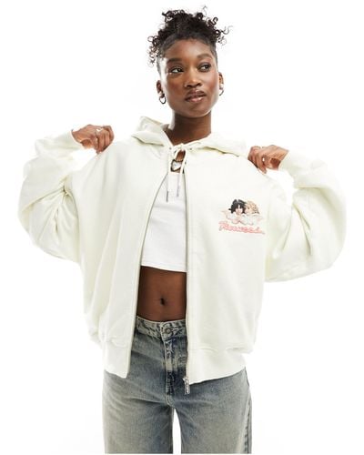 Fiorucci Zip Up Relaxed Hoodie With Angel Logo - White