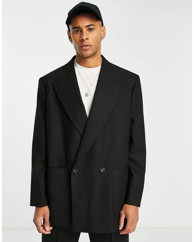 TOPMAN Double Breasted Oversized Boxy Pronounced Twill Suit Jacket - Black