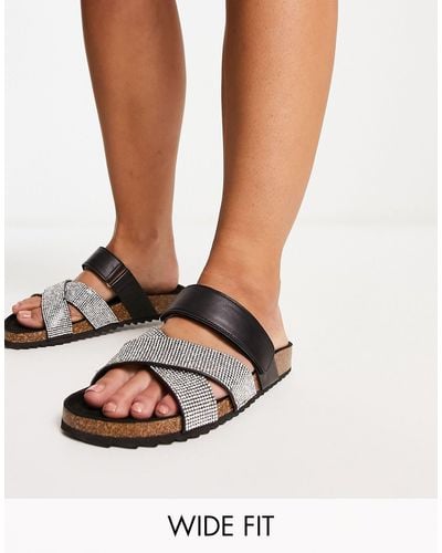 ASOS Wide Fit Fiery Cross Strap Flat Sandals With Diamante - White