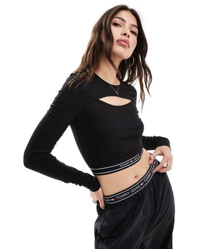 Tommy Hilfiger Cropped Taping Cut Out Long Sleeve Top - Black