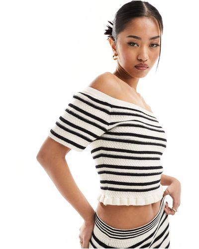 ASOS Knitted Stripe Bardot Top - White