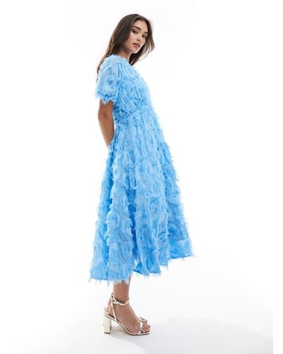 Y.A.S Textured V-neck Midi Dress - Blue
