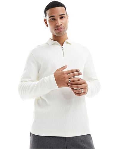ASOS Long Sleeved Waffle Polo With Zip - White